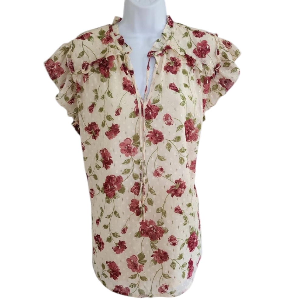 Haver & Blair Floral Chiffon Ruffle Cottage Whimsy Blouse NWOT - Women's